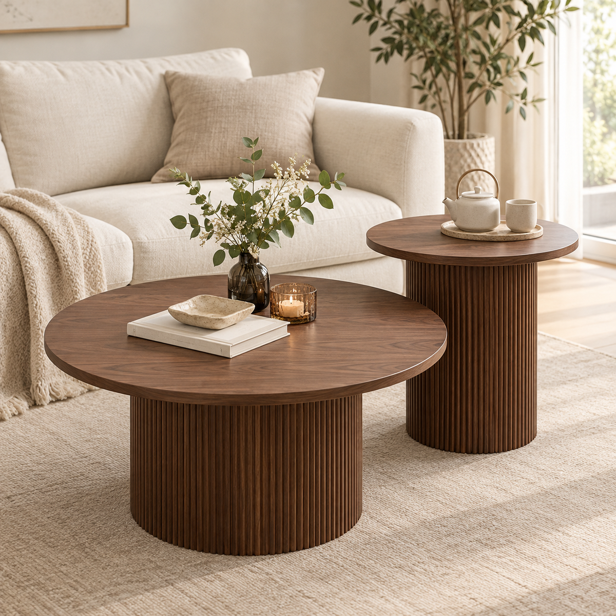 Tables basses rondes effet noyer dans un salon scandinave