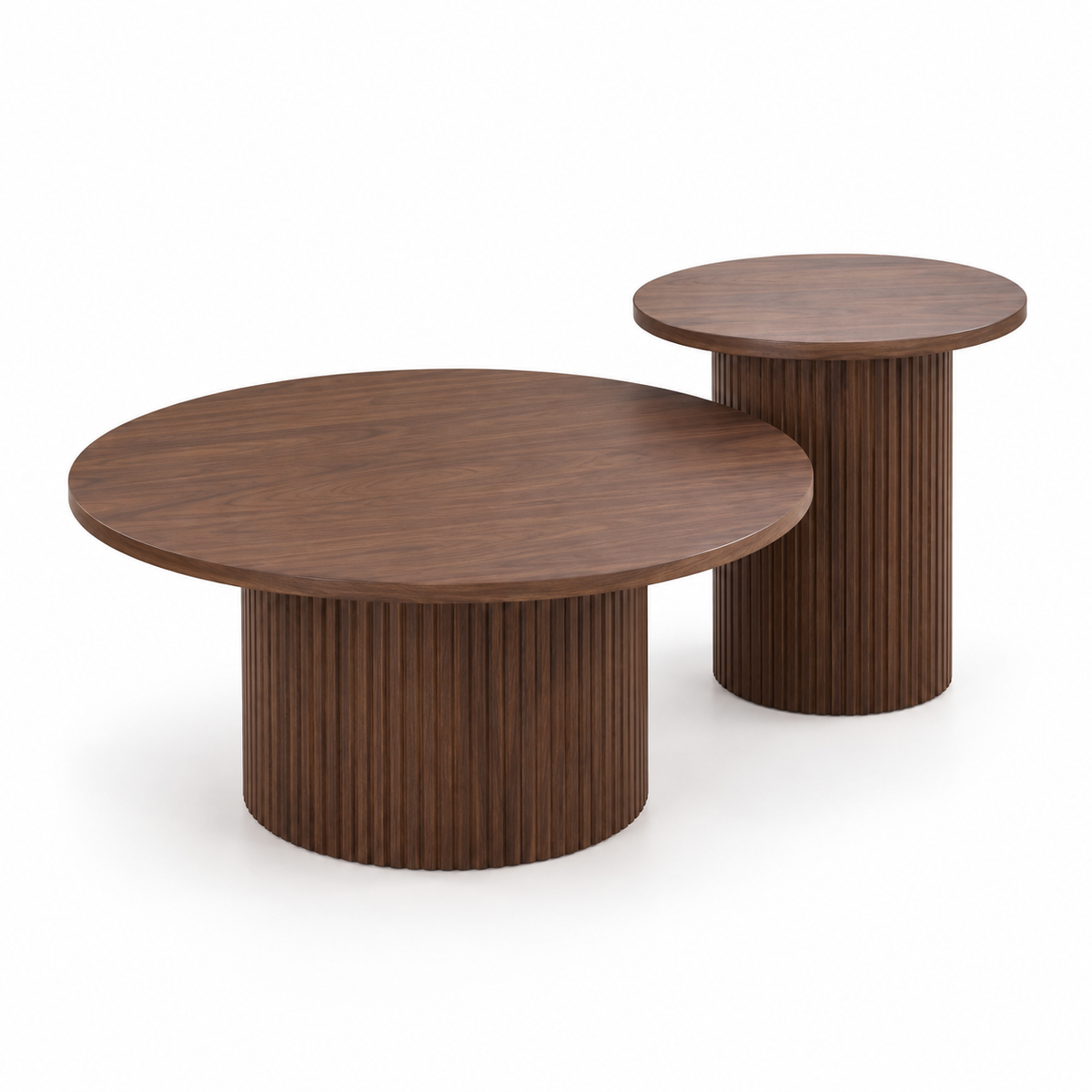 Ensemble de deux tables basses gigognes rondes effet noyer sombre