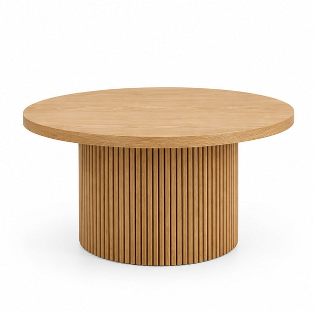 Table basse ronde effet bois naturel avec pied cannelé