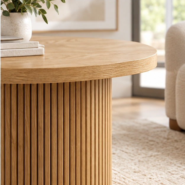 Détail du pied cannelé de la table basse ronde effet bois naturel