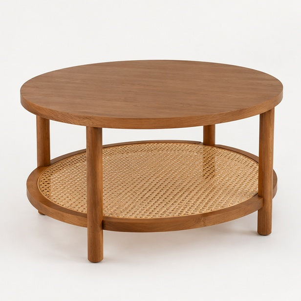 Table basse ronde effet noyer avec étagère en cannage de rotin