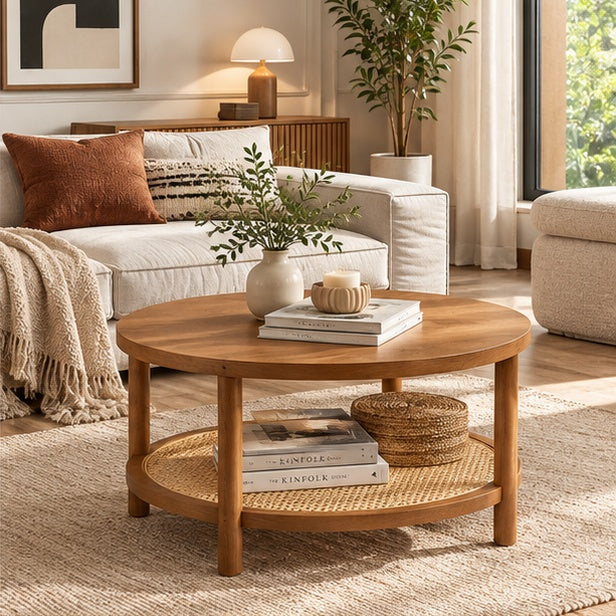 Table basse ronde en rotin et effet noyer dans un salon