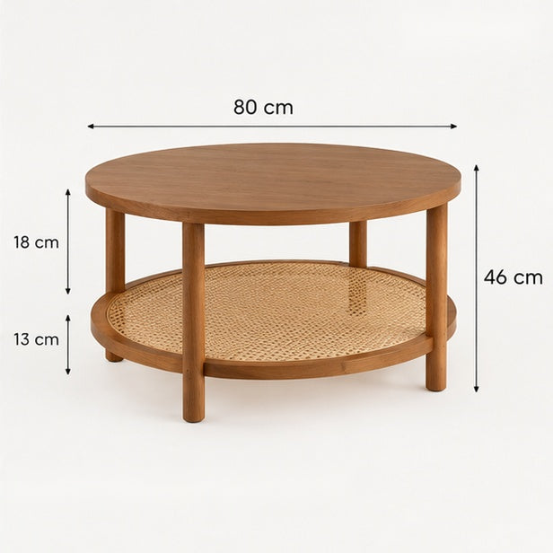 Dimensions de la table basse ronde en rotin : Ø 80 cm, hauteur 46 cm