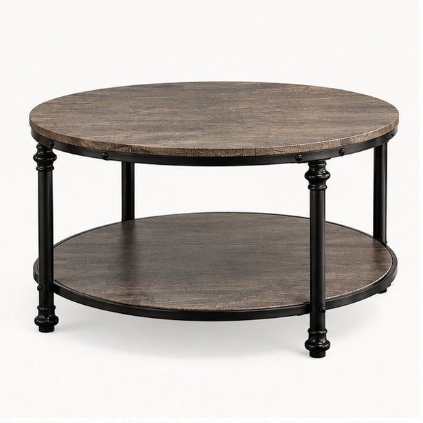 Table basse ronde rustique effet chêne brun et métal noir