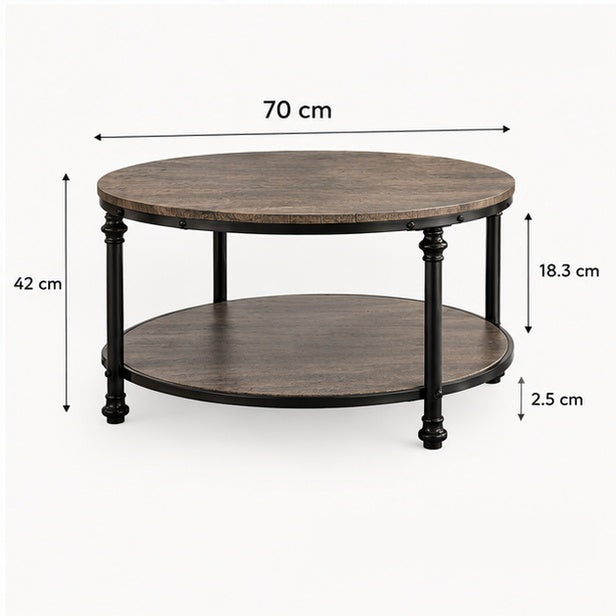 Dimensions de la table basse ronde rustique : Ø 70 cm, hauteur 42 cm