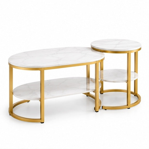 Ensemble de deux tables basses gigognes effet marbre blanc et métal doré