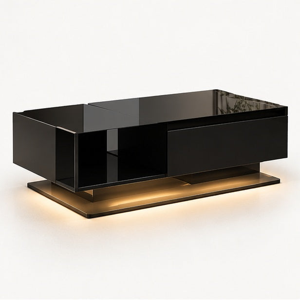 Table basse moderne noire avec plateau en verre et éclairage LED
