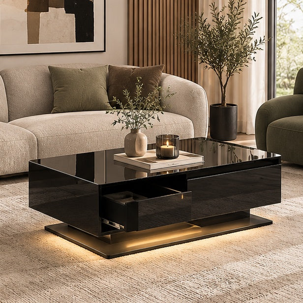Table basse noire à LED dans un salon moderne