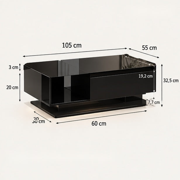 Dimensions de la table basse moderne : 105 × 55 cm, hauteur 32,5 cm