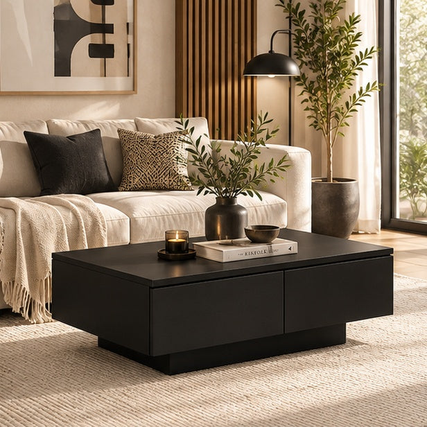 Table basse noire avec rangement dans un salon moderne