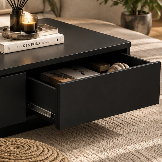 Rangement ouvert de la table basse effet bois noir