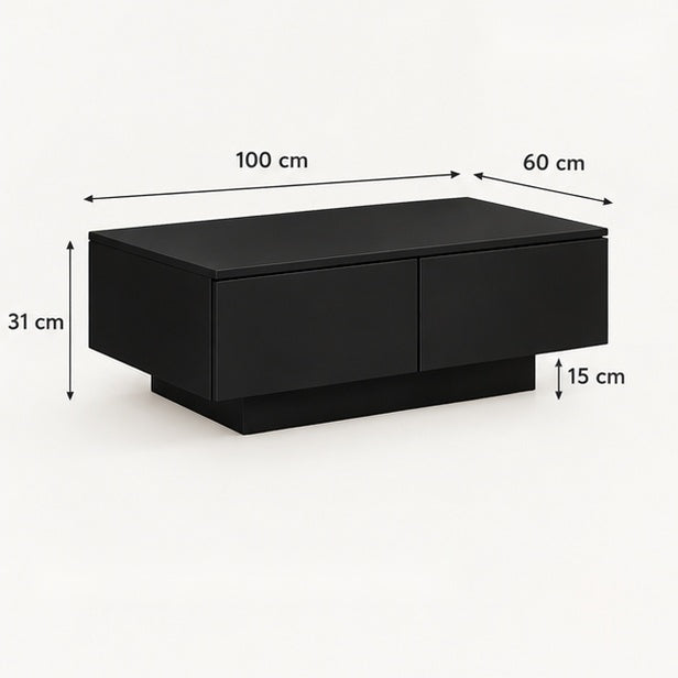 Dimensions de la table basse noire : 100 × 60 cm, hauteur 31 cm