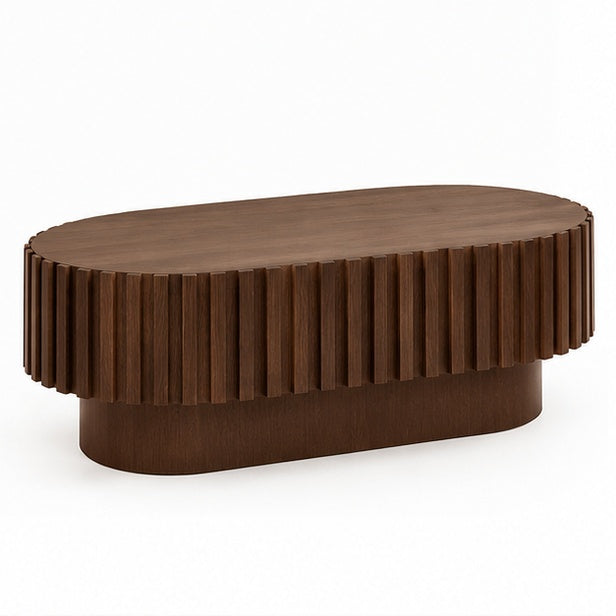 Table basse ovale effet noyer à façade cannelée