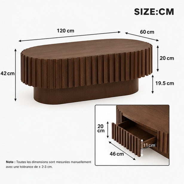 Dimensions de la table basse ovale : 120 × 60 cm, hauteur 42 cm