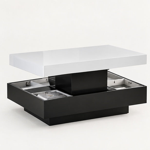 Table basse blanc brillant avec plateau rotatif et base noire