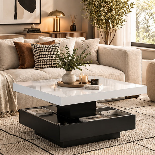 Table basse blanc brillant à plateau rotatif dans un salon