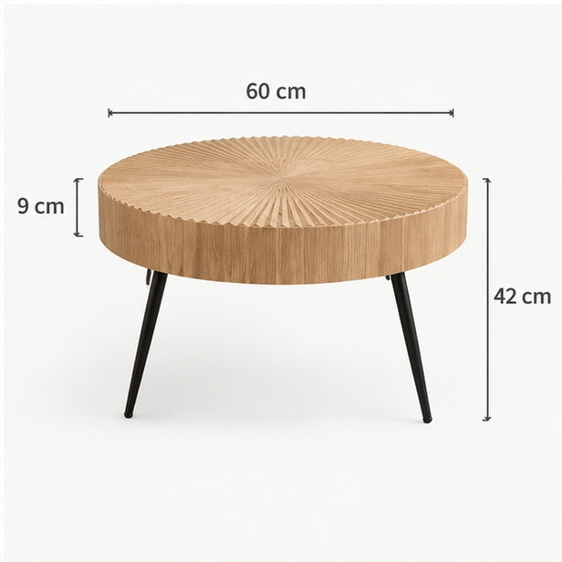 Dimensions de la table basse ronde sculptée : Ø 60 cm, hauteur 42 cm