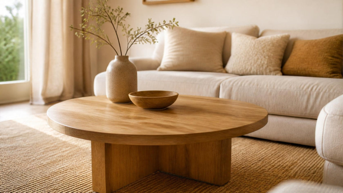 Table basse ronde en chêne massif dans un salon chaleureux – Tableora